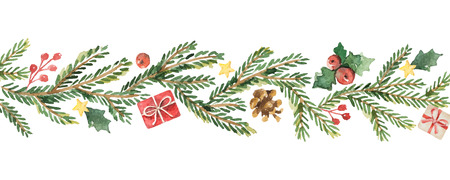 Watercolor vector Christmas banner with fir branches and place for text.のイラスト素材