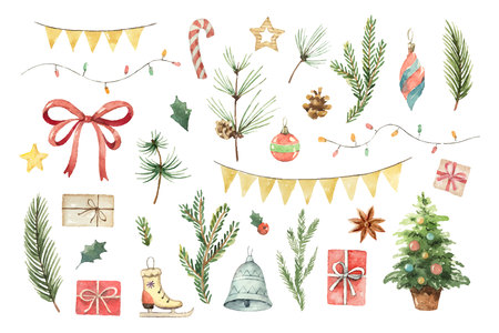 Watercolor vector Christmas set with fir branches, balls, gifts, garlands and bow.のイラスト素材