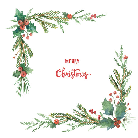 Watercolor vector Christmas decorative corner with fir branches and flower poinsettias. Illustration for greeting cards and invitations isolated on white background.のイラスト素材