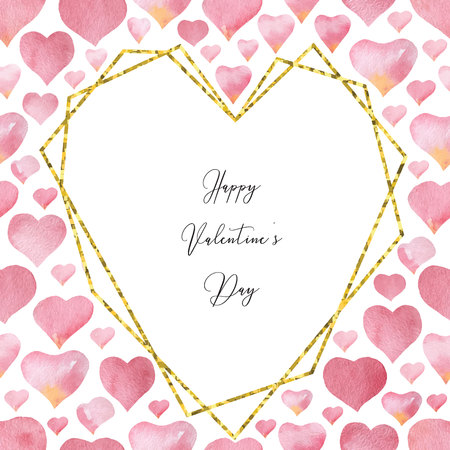 Watercolor vector composition made of geometric Golden frame and hearts.のイラスト素材