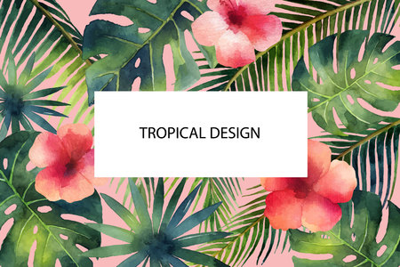 Watercolor vector banner tropical leaves and bright hibiscus flowers.のイラスト素材