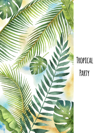 Watercolor vector banner tropical leaves and branches isolated on white background.のイラスト素材