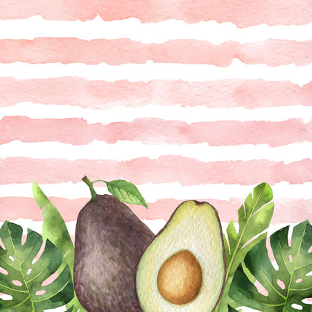 Watercolor vector banner tropical leaves and avocado isolated on the background of stripes.のイラスト素材