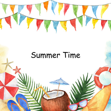 Watercolor vector colorful beach elements and tropical leaves isolated on a white background.のイラスト素材