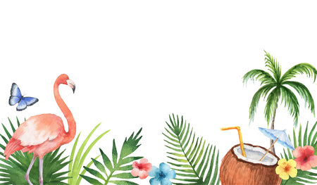 Watercolor vector banner of tropical leaves and the pink Flamingo isolated on white background. Illustration for design wedding invitations, greeting cards, decor.のイラスト素材