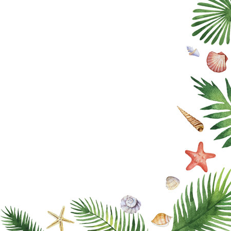 Watercolor vector colorful banner with seashells and tropical leaves isolated on a white background.のイラスト素材