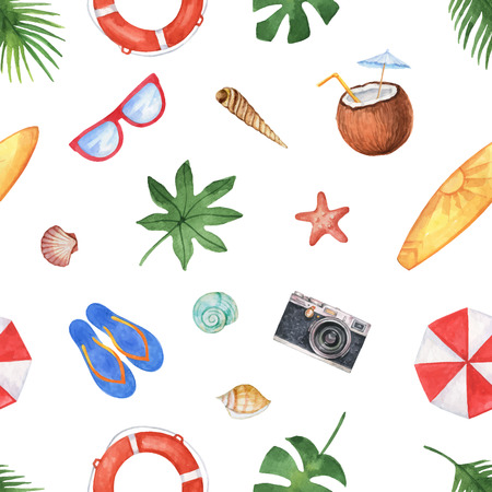 Watercolor seamless pattern with seashells, beach elements and tropical leaves isolated on white background.のイラスト素材