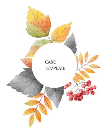 Watercolor autumn vector card template design of leaves and branches isolated on white background. Autumn illustration for greeting cards, wedding invitations, quote and decorations.のイラスト素材