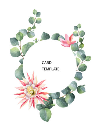 Watercolor vector card template design with eucalyptus leaves and flowers. Illustration for wedding invitation, save the date or greeting design. Spring or summer flowers with space for your text.のイラスト素材