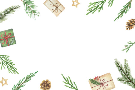 Watercolor vector Christmas frame with fir branches and place for text. Illustration for greeting cards and invitations isolated on white background.のイラスト素材