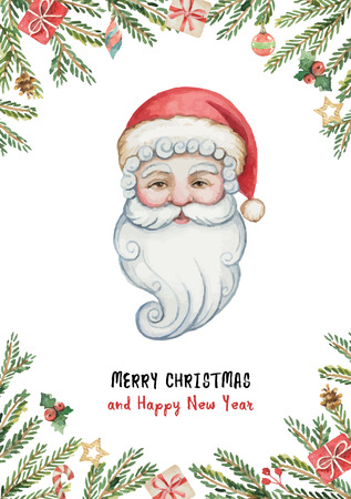 Watercolor vector greeting card with Christmas Santa Claus, spruce branches and gifts. Winter festive illustration for your design.のイラスト素材