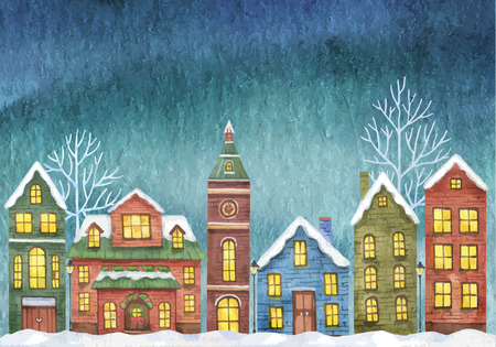 Winter with houses on night skyのイラスト素材