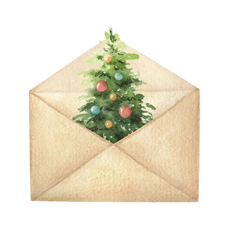 Watercolor vector postal envelope with green Christmas tree. Illustration for greeting cards and invitations isolated on white background.のイラスト素材
