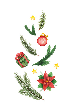 Christmas vector composition in the form of a green tree of branches and toys. Illustration for greeting cards, banners, invitations, calendars.のイラスト素材