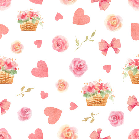 Happy Valentine's day. Watercolor vector seamless pattern with hearts, baskets and pink flowers isolated on white background. Hand drawn illustration for textile, packaging, greeting cards, invitations.のイラスト素材