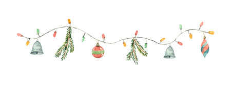 Watercolor vector Christmas garland with lights, balls, fir branches and bells. Illustration for greeting cards and invitations isolated on white background.のイラスト素材