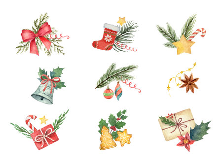 Watercolor vector set with Christmas elements isolated on white background. Illustration for your holiday design isolated on a white background.のイラスト素材