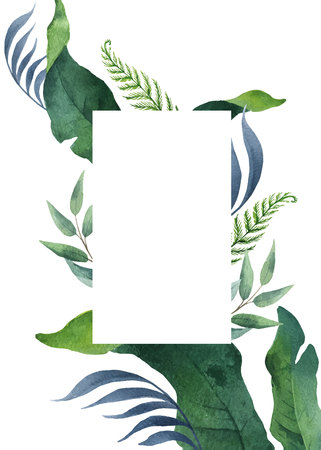 Watercolor vector green card tropical leaves and flowers isolated on white background. Illustration for design wedding invitations, greeting cards, postcards.のイラスト素材