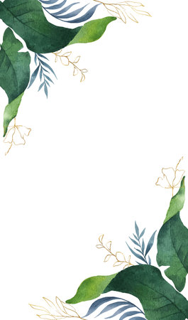 Watercolor vector green card tropical leaves and flowers isolated on white background. Illustration for design wedding invitations, greeting cards, postcards.のイラスト素材