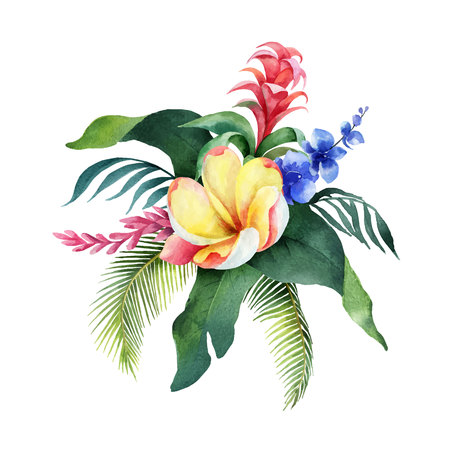 Watercolor vector bouquet tropical leaves and flowers isolated on white background. Illustration for design wedding invitations, greeting cards, postcards.のイラスト素材