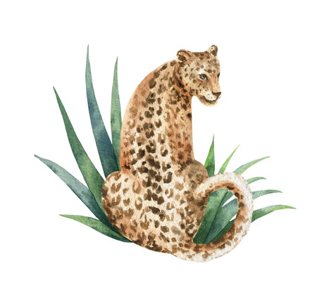 Watercolor  card with leopard and green tropical leaves isolated on whiteのイラスト素材