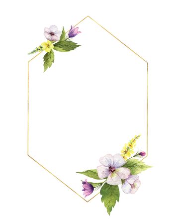 Watercolor hand painted vector frame with field flowers. Illustration for cards, wedding invitation, beauty store, decoration element, natural and organic products, save the date or romantic design..のイラスト素材