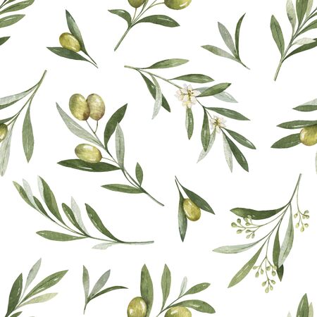 Watercolor  seamless pattern of olive branches and leaves.のイラスト素材