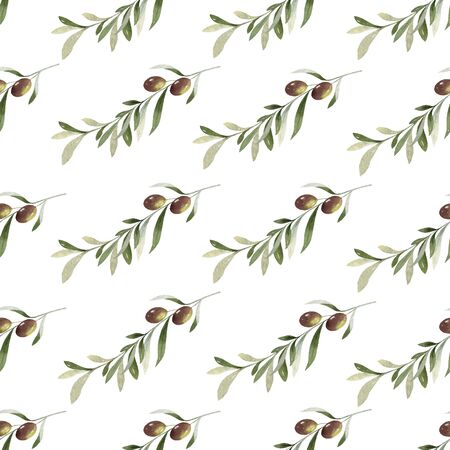 Watercolor  seamless pattern of olive branches and leaves.のイラスト素材