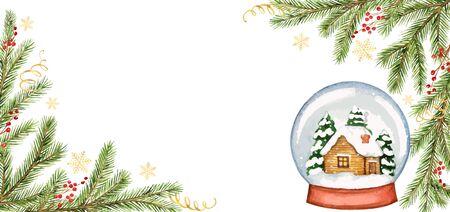 Watercolor vector Christmas card with fir branches and glass ball with snow house. Illustration for postcards and greetings isolated on white background.のイラスト素材