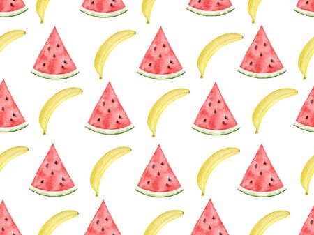 Watercolor vector seamless pattern of banana and watermelon.のイラスト素材
