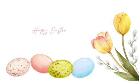 Happy Easter vector watercolor hand painted greeting card. Banner with eggs and spring flowers...