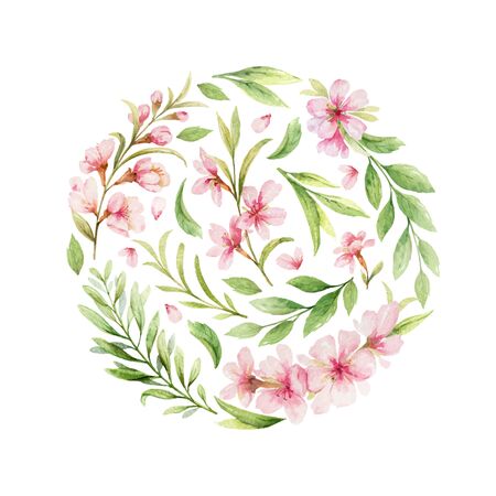Watercolor vector arrangement of pink flowers and almond leaves. Flower hand painted illustration for greeting cards, wedding invitations, scrapbooking, posters and more.のイラスト素材