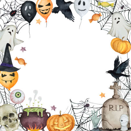Watercolor Happy Halloween card isolated on a white background.のイラスト素材