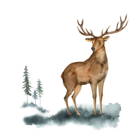 Watercolor vector Christmas card with deer and landscape.のイラスト素材