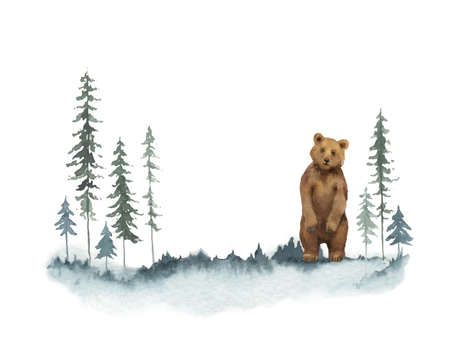 Watercolor vector Christmas card with bear and landscape.
