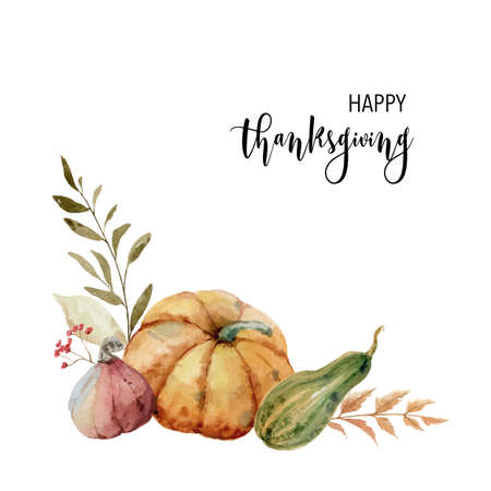 A watercolor vector postcard for Thanksgiving, a greeting wreath with colorful pumpkins.のイラスト素材