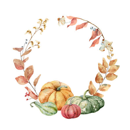 Thanksgiving vector wreath colorful pumpkins with autumn leaves and flowers.のイラスト素材
