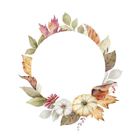 A watercolor vector wreath for Thanksgiving, a greeting arrangement with colorful pumpkins.のイラスト素材