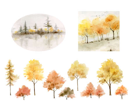 A watercolor vector set of autumn forest background and trees.のイラスト素材