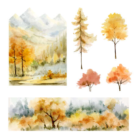 A watercolor vector set of autumn forest background and trees.のイラスト素材