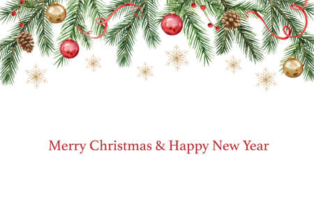 Watercolor vector card with Christmas balls, snowflakes and fir branches.のイラスト素材