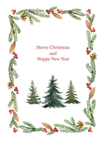 Watercolor vector Christmas card with green fir trees and branches.のイラスト素材