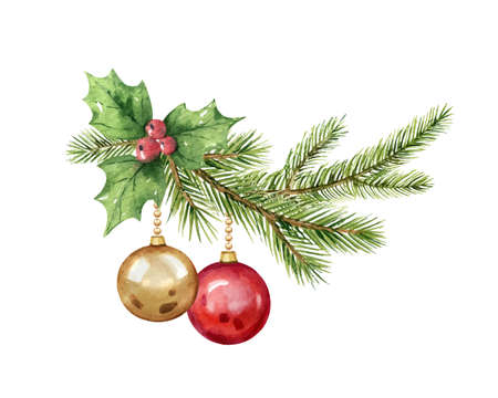 Watercolor branch with Christmas balls and fir branches.のイラスト素材