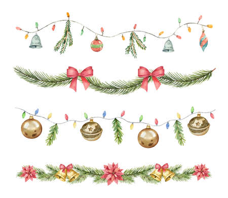 Watercolor vector Christmas set colorful garland with balls, lights and fir branches.のイラスト素材