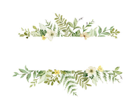 Watercolor vector banner with green forest foliage and flowers.のイラスト素材