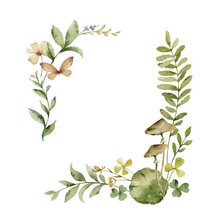 Watercolor wreath with green forest foliage and flowers.のイラスト素材