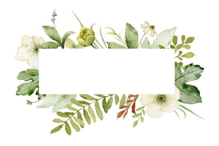 Watercolor vector frame with green forest foliage and flowers.のイラスト素材
