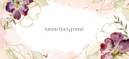 Watercolor vector floral background with purple flowers, branches and golden .leaves.のイラスト素材