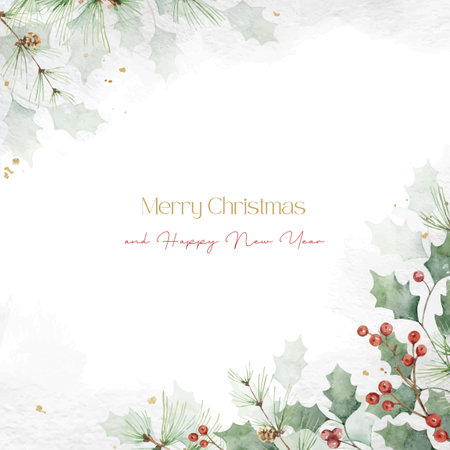 Watercolor Christmas vector card with green leaves and holly berries.のイラスト素材