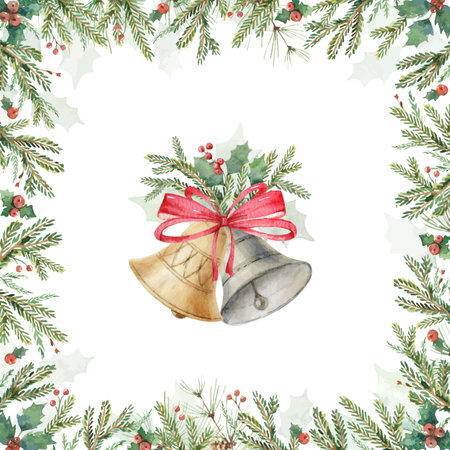 Watercolor vector card with Christmas bells and ornate frames.のイラスト素材